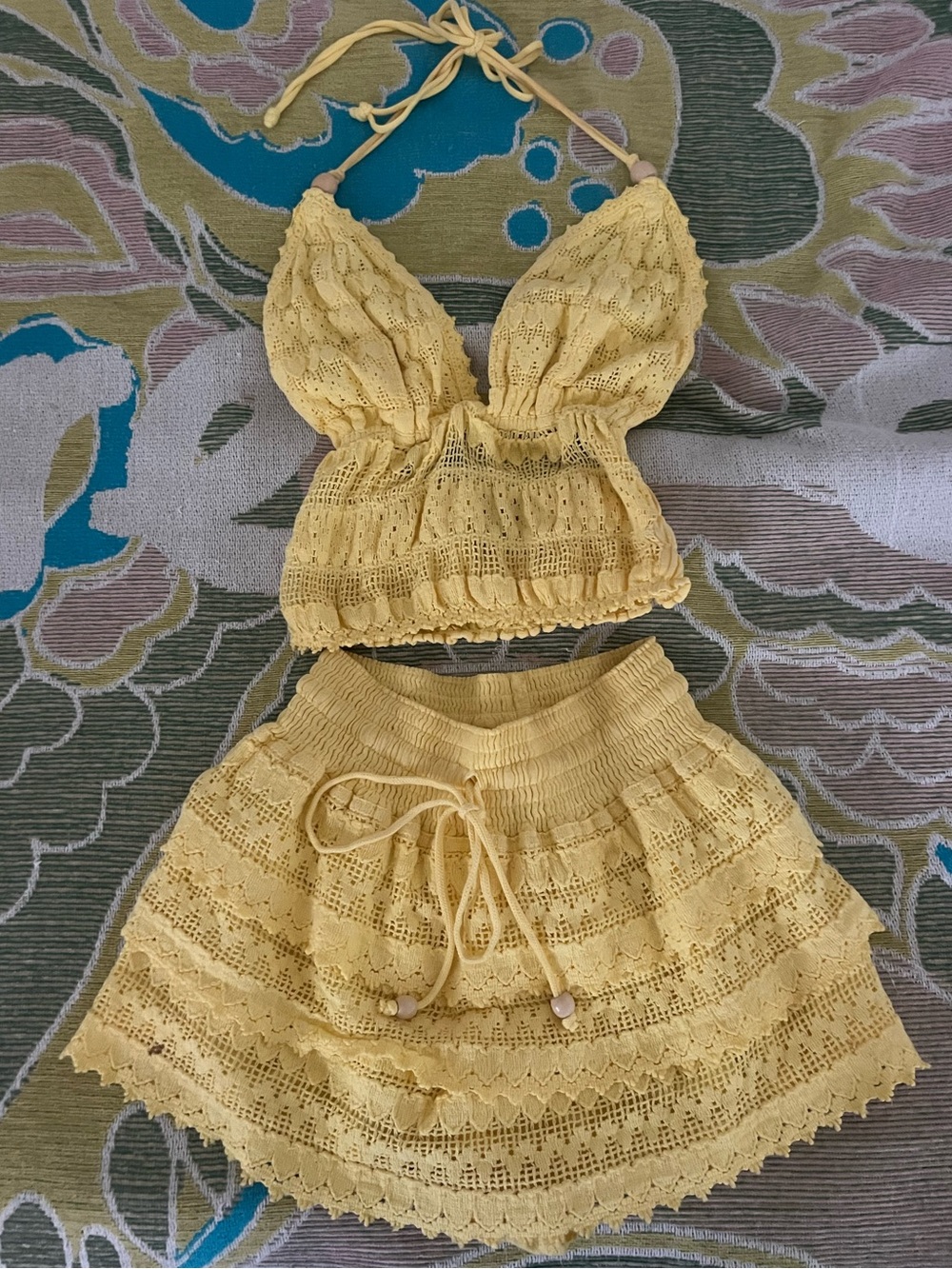Yellow Crochet Two-Piece Set - Halter Crop Top & Skirt